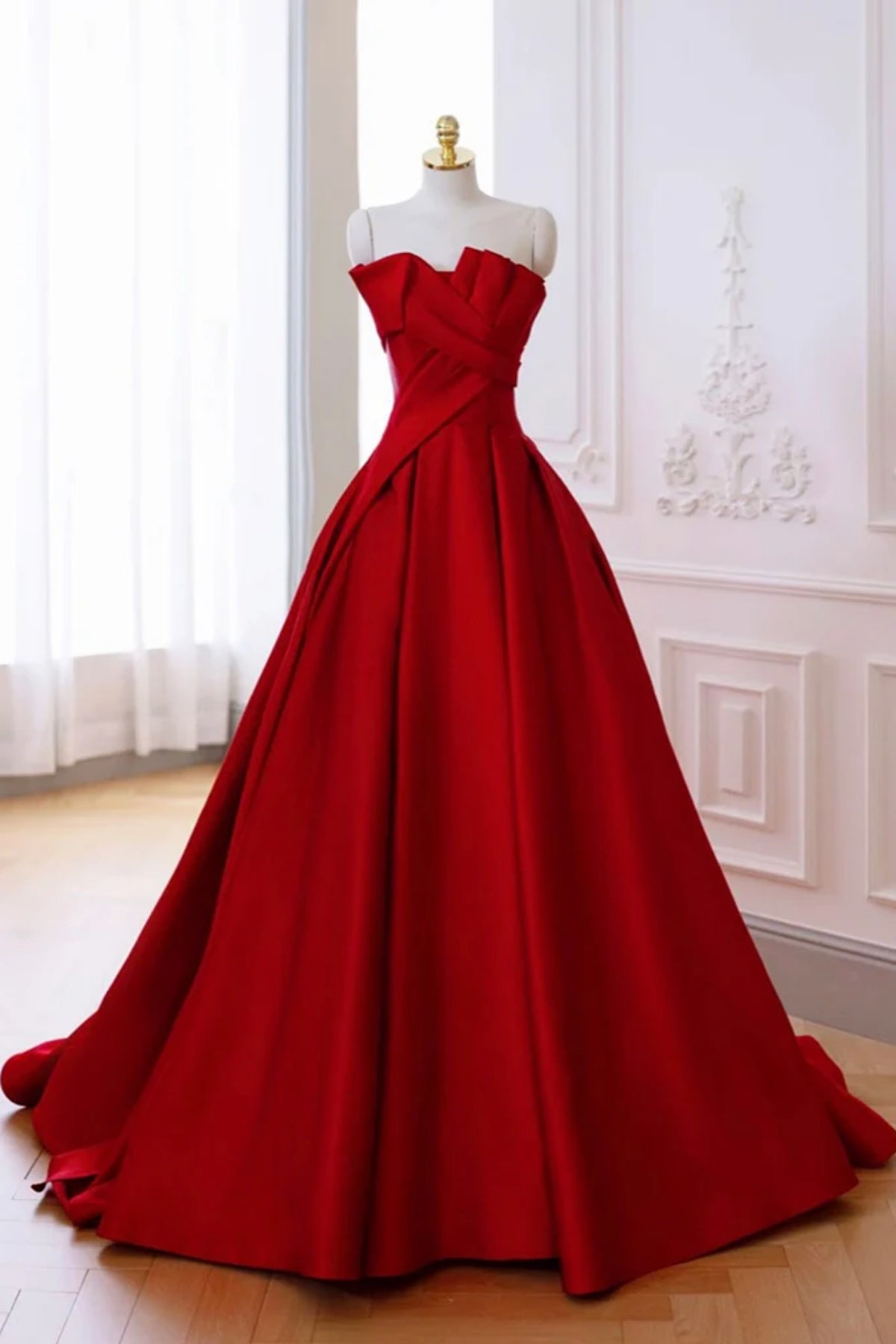 Strapless Red Satin Long Prom Dresses, Red Satin Long Formal Evening Dresses