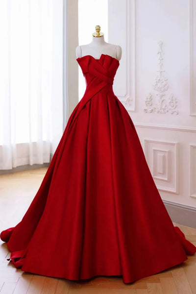 Strapless Red Satin Long Prom Dresses, Red Satin Long Formal Evening Dresses