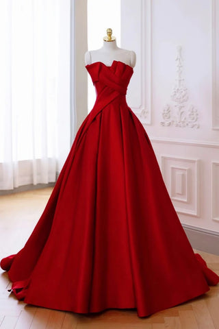 Strapless Red Satin Long Prom Dresses, Red Satin Long Formal Evening Dresses