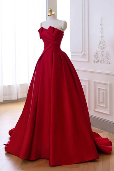 Strapless Red Satin Long Prom Dresses, Red Satin Long Formal Evening Dresses