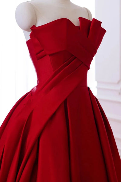 Strapless Red Satin Long Prom Dresses, Red Satin Long Formal Evening Dresses