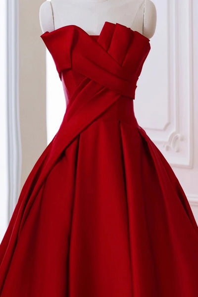 Strapless Red Satin Long Prom Dresses, Red Satin Long Formal Evening Dresses