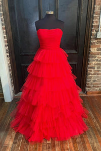 Strapless Red Tulle Long Prom Dresses, Strapless Red Tulle Long Formal Evening Dresses