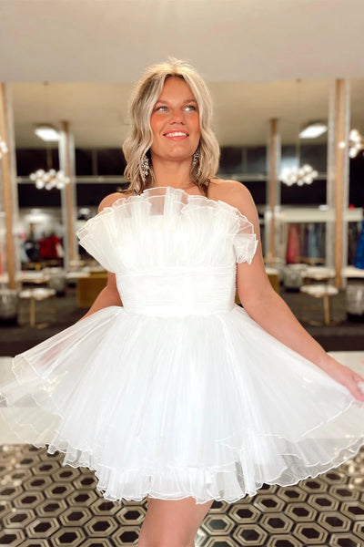 Strapless Ruffled Short Blue White Pink Prom Dresses, Strapless Ruffled Short Formal Homecoming Dresses