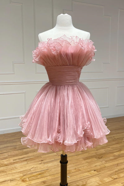 Strapless Ruffled Short Blue White Pink Prom Dresses, Strapless Ruffled Short Formal Homecoming Dresses