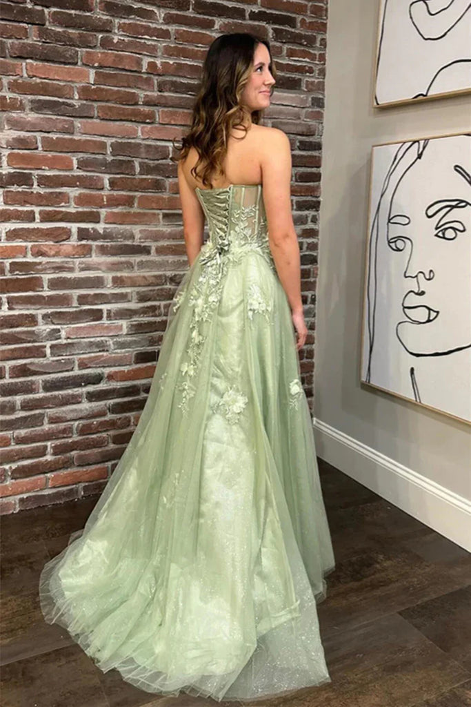 Strapless Sage Green Lace Floral Long Prom Dresses with High Slit, Sag Eip Collection Strapless Sage Green Lace Floral Long Prom Dresses with High Slit, Sag Eip Collection