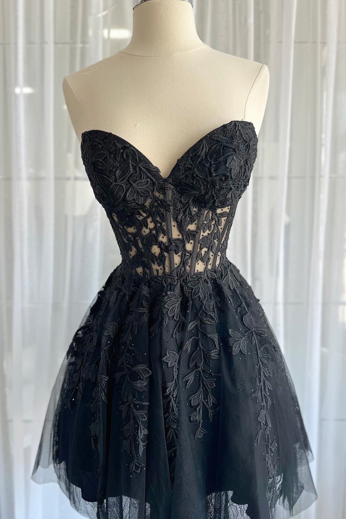 Strapless Short Black Red Lace Prom Dresses, Short Black Red Lace Form Eip Collection Strapless Short Black Red Lace Prom Dresses, Short Black Red Lace Form Eip Collection