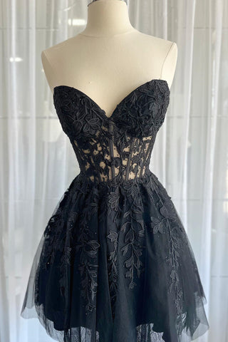 Strapless Short Black Red Lace Prom Dresses, Short Black Red Lace Formal Homecoming Dresses