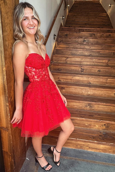 Strapless Short Black Red Lace Prom Dresses, Short Black Red Lace Formal Homecoming Dresses