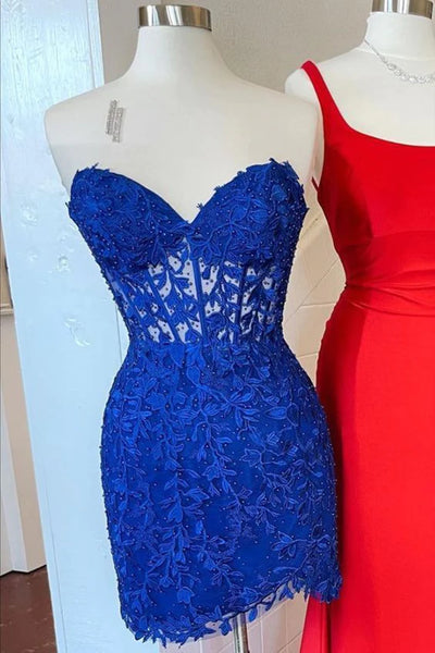 Strapless Short Blue Lace Prom Dresses, Short Lace Formal Homecoming Dresses