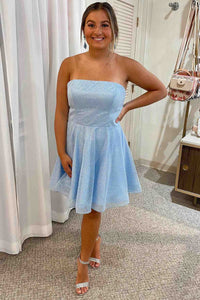 Strapless Short Blue Prom Dresses, Short Blue Formal Homecoming Dresses