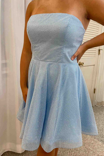 Strapless Short Blue Prom Dresses, Short Blue Formal Homecoming Dresses