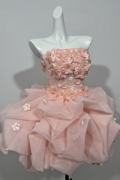 Strapless Short Pink Floral Prom Dresses, Short 3D Floral Pink Formal Evening Dresses