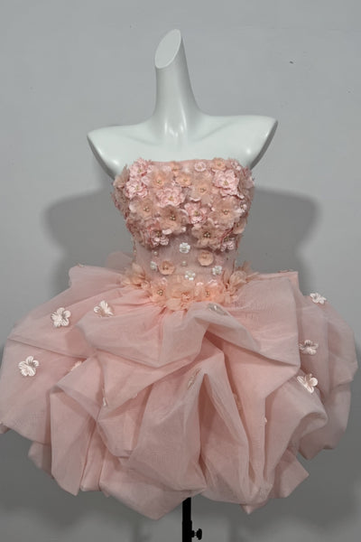 Strapless Short Pink Floral Prom Dresses, Short 3D Floral Pink Formal Evening Dresses