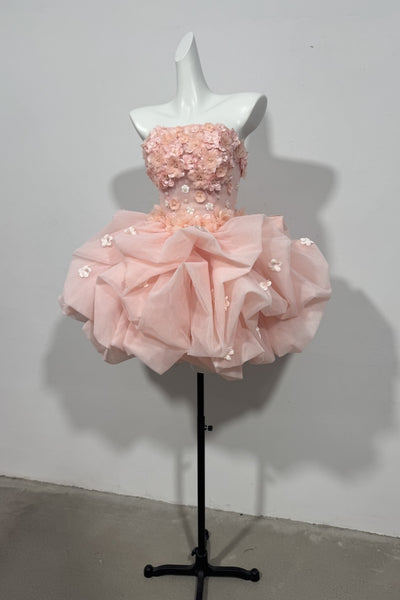 Strapless Short Pink Floral Prom Dresses, Short 3D Floral Pink Formal Evening Dresses