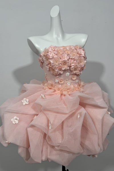 Strapless Short Pink Floral Prom Dresses, Short 3D Floral Pink Formal Evening Dresses