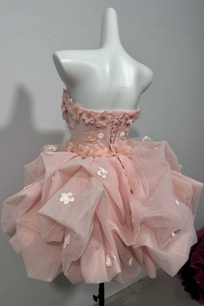 Strapless Short Pink Floral Prom Dresses, Short 3D Floral Pink Formal Evening Dresses