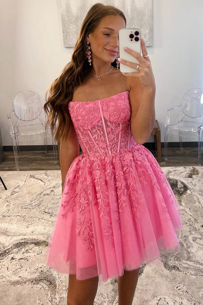 Strapless Short Pink Lace Prom Dresses, Short Pink Lace Formal Homecoming Dresses