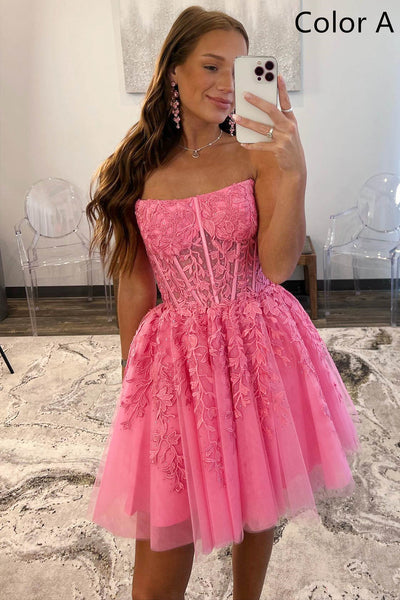 Strapless Short Pink Lace Prom Dresses, Short Pink Lace Formal Homecoming Dresses