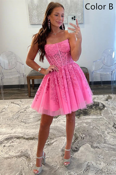 Strapless Short Pink Lace Prom Dresses, Short Pink Lace Formal Homecoming Dresses