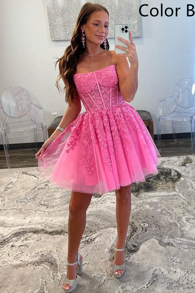 Strapless Short Pink Lace Prom Dresses, Short Pink Lace Formal Homecoming Dresses