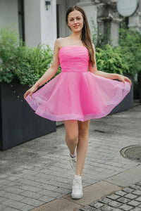 Strapless Short Pink Prom Dresses, Short Pink Formal Homecoming Dresses