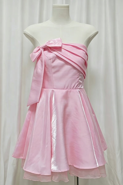 Strapless Short Pink Prom Dresses, Short Pink Formal Homecoming Dresses with Bow