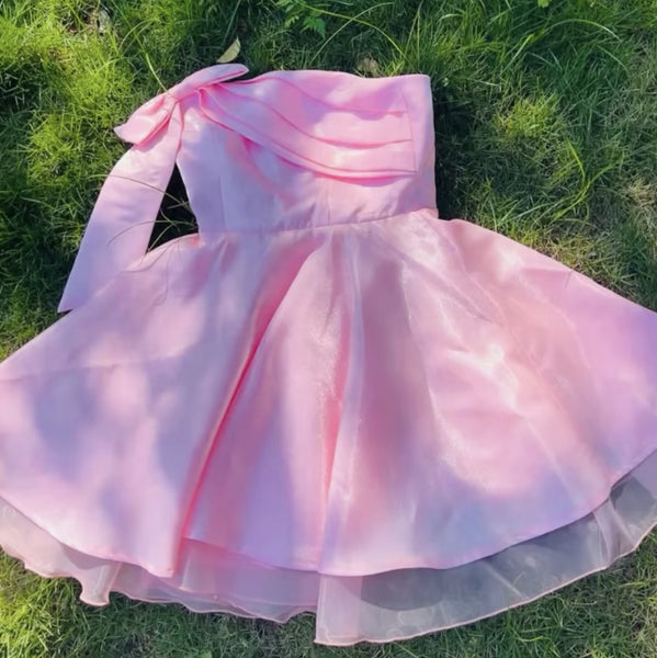 Strapless Short Pink Prom Dresses, Short Pink Formal Homecoming Dresses with Bow