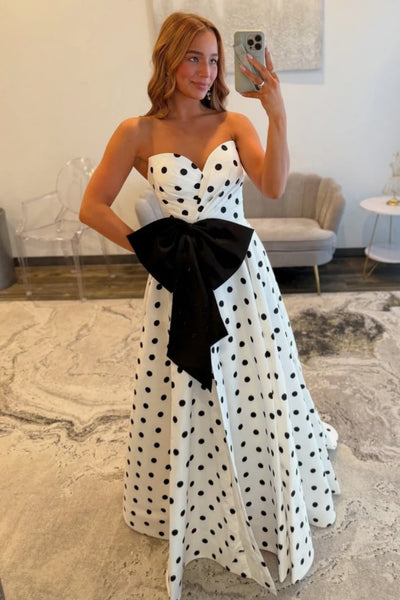 Strapless Sweetheart Neck White Satin Long Prom Dresses with Black Dots, White Long Formal Evening Dresses