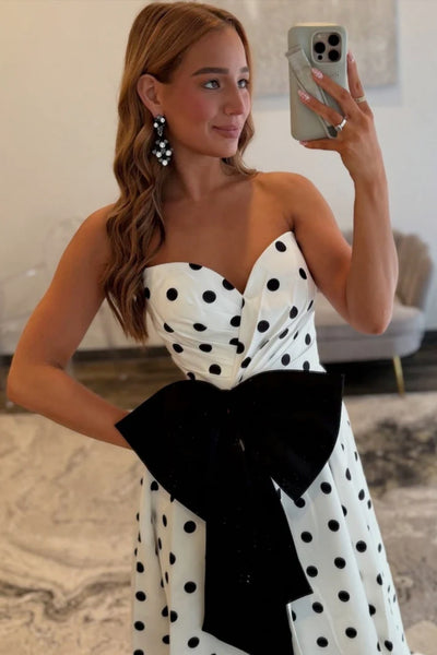 Strapless Sweetheart Neck White Satin Long Prom Dresses with Black Dots, White Long Formal Evening Dresses