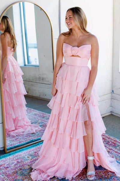 Strapless Tiered Blue Pink Green Long Chiffon Prom Dresses, Chiffon Layered Long Formal Evening Dresses