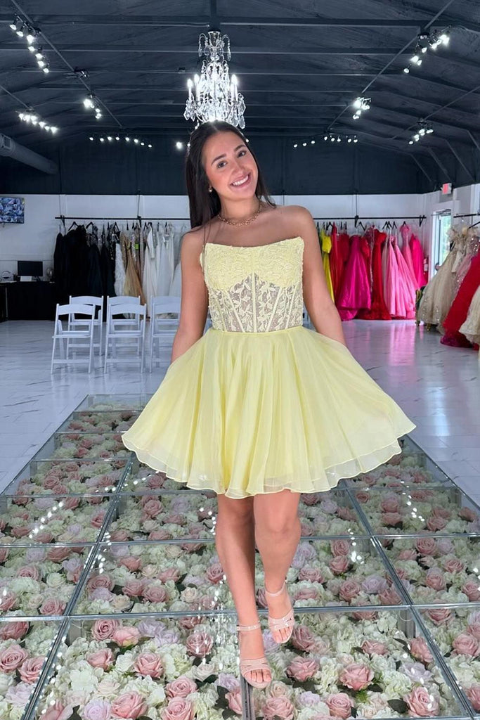 Strapless Yellow/Green/Pink/Blue Lace Short Prom Dresses, Short Lace H Eip Collection Strapless Yellow/Green/Pink/Blue Lace Short Prom Dresses, Short Lace H Eip Collection