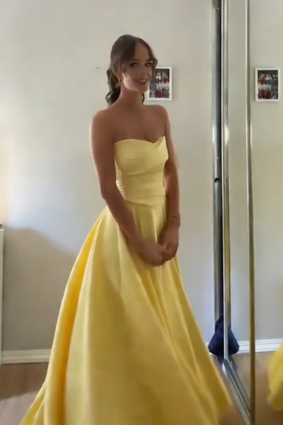 Strapless Yellow Long Prom Dresses, Yellow Satin Long Formal Evening Dresses