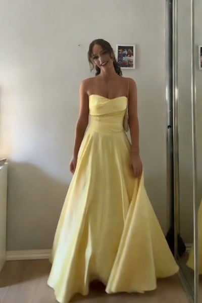Strapless Yellow Long Prom Dresses, Yellow Satin Long Formal Evening Dresses
