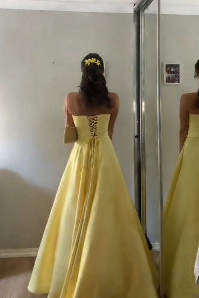 Strapless Yellow Long Prom Dresses, Yellow Satin Long Formal Evening Dresses