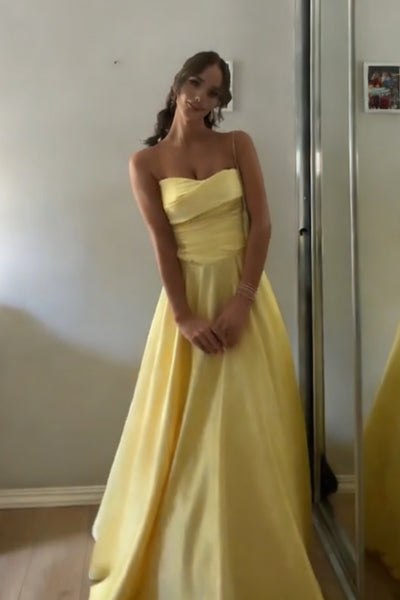 Strapless Yellow Long Prom Dresses, Yellow Satin Long Formal Evening Dresses