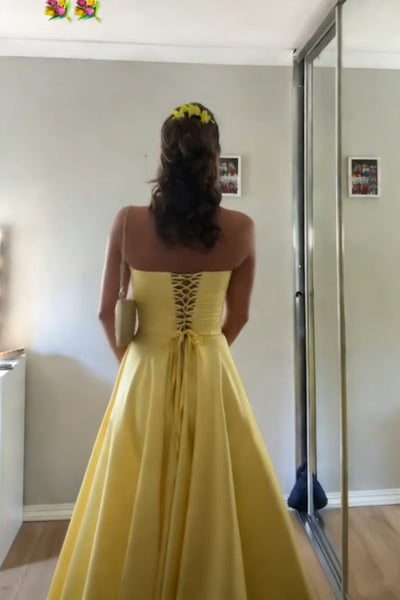 Strapless Yellow Long Prom Dresses, Yellow Satin Long Formal Evening Dresses