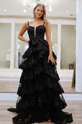 Straps Black Lace Layered Long Prom Dresses, Black Lace Layered Long Formal Dresses