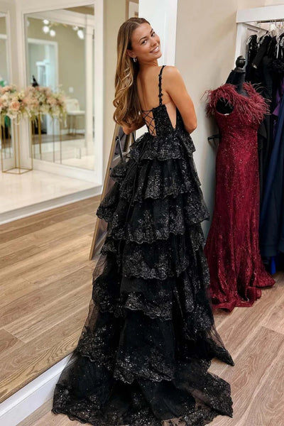 Straps Black Lace Layered Long Prom Dresses, Black Lace Layered Long Formal Dresses