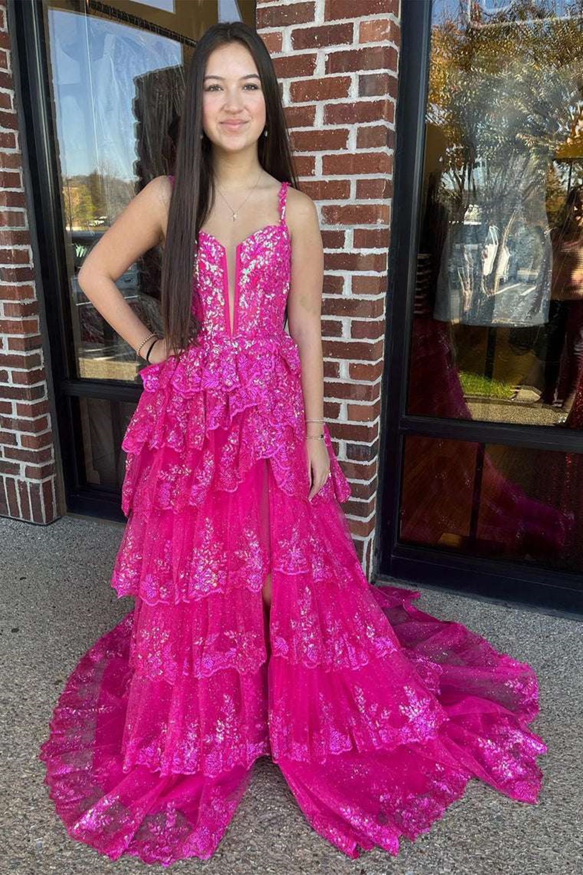 Straps Pink Purple Layered Sequin Long Prom Dresses, Pink Purple Layer Eip Collection Straps Pink Purple Layered Sequin Long Prom Dresses, Pink Purple Layer Eip Collection