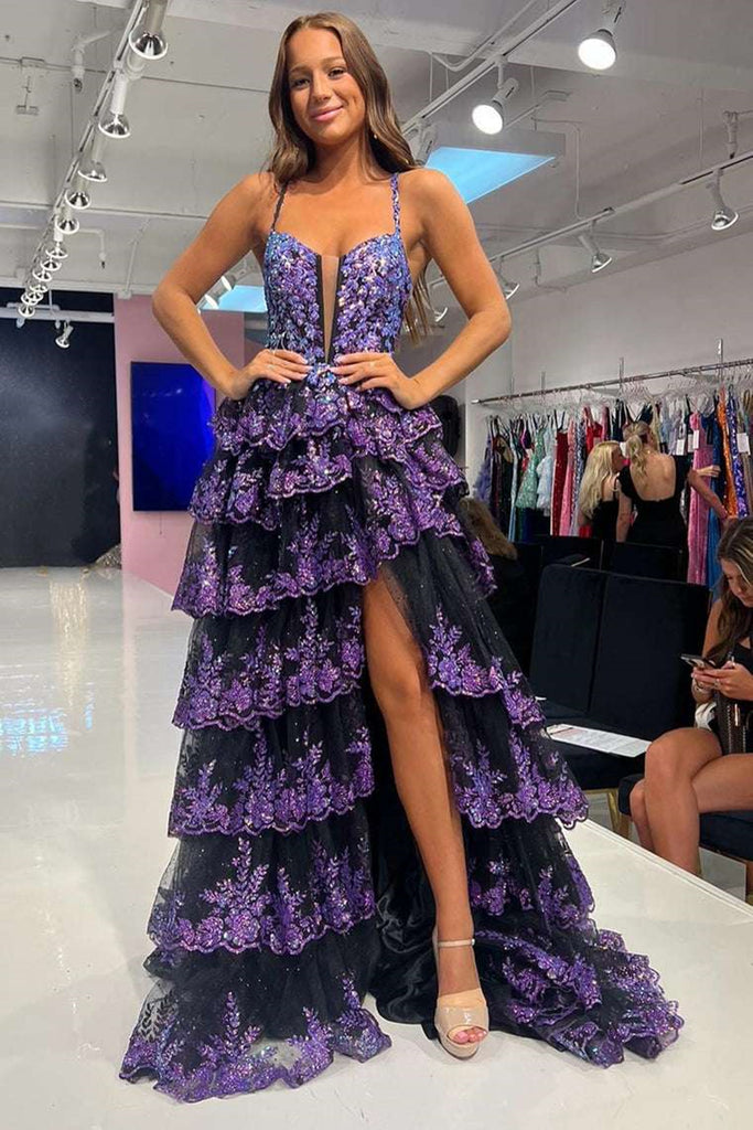 Straps Pink Purple Layered Sequin Long Prom Dresses, Pink Purple Layer Eip Collection Straps Pink Purple Layered Sequin Long Prom Dresses, Pink Purple Layer Eip Collection