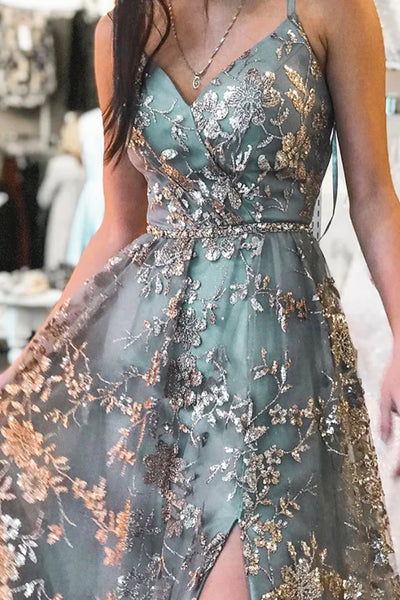 Stylish Tulle Sequins Gray Blue Long Prom Dresses, A-Line Long Formal Graduation Dresses
