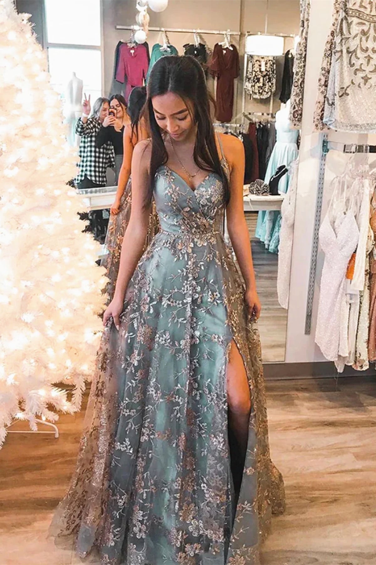Stylish Tulle Sequins Gray Blue Long Prom Dresses, A-Line Long Formal Graduation Dresses