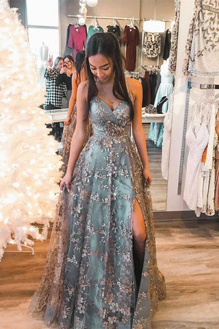 Stylish Tulle Sequins Gray Blue Long Prom Dresses, A-Line Long Formal Graduation Dresses