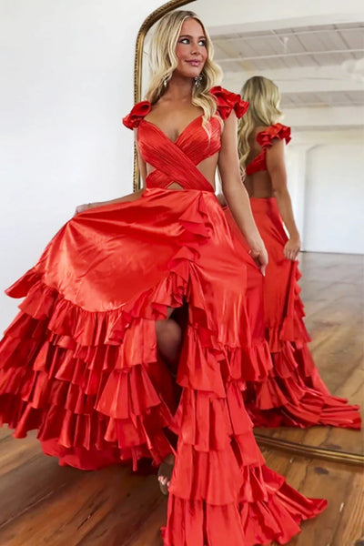Stylish V Neck Coral Cross Long Prom Dresses, Coral Cross Formal Dresses