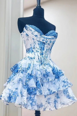 Sweetheart Blue Print Floral Corset Ruffle Prom Dresses, Blue Print Floral Formal Homecoming Dresses