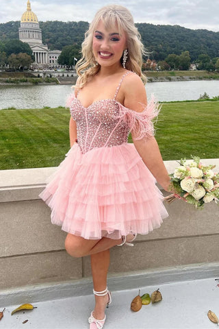 Sweetheart Neck Beaded Layered Pink Prom Dresses, Short Pink Homecoming Dresses with Feather, Pink Formal Evening Dresses