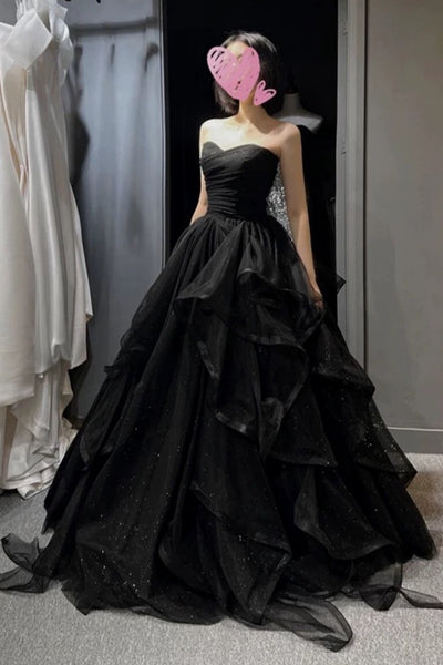 Sweetheart Neck Black Puffy Long Prom Dresses, Black Prom Gown, Black Puffy Long Formal Dresses