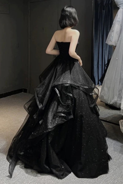 Sweetheart Neck Black Puffy Long Prom Dresses, Black Prom Gown, Black Puffy Long Formal Dresses