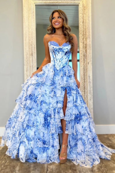 Sweetheart Neck Blue Floral Long Prom Dresses, Blue Floral Long Formal Evening Dresses